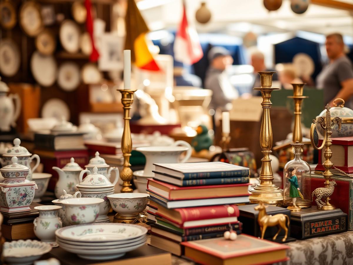 Bord med porcelæn, bøger og pyntegenstande på loppemarkedet