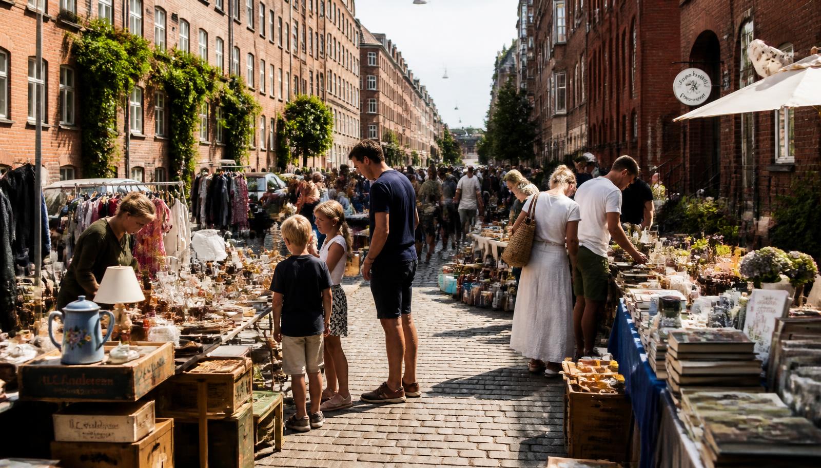 Loppemarked i Skolegade i Valby med stande langs hele gaden